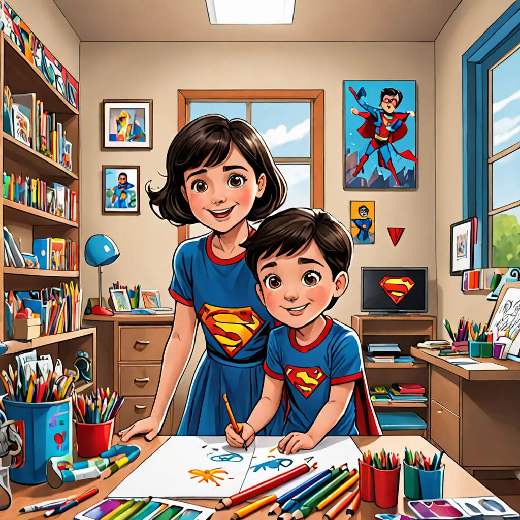 a woman and a child are in a room with a desk and shelves of books and art supplies and a window, Artgerm, lyco art, a storybook illustration, art station