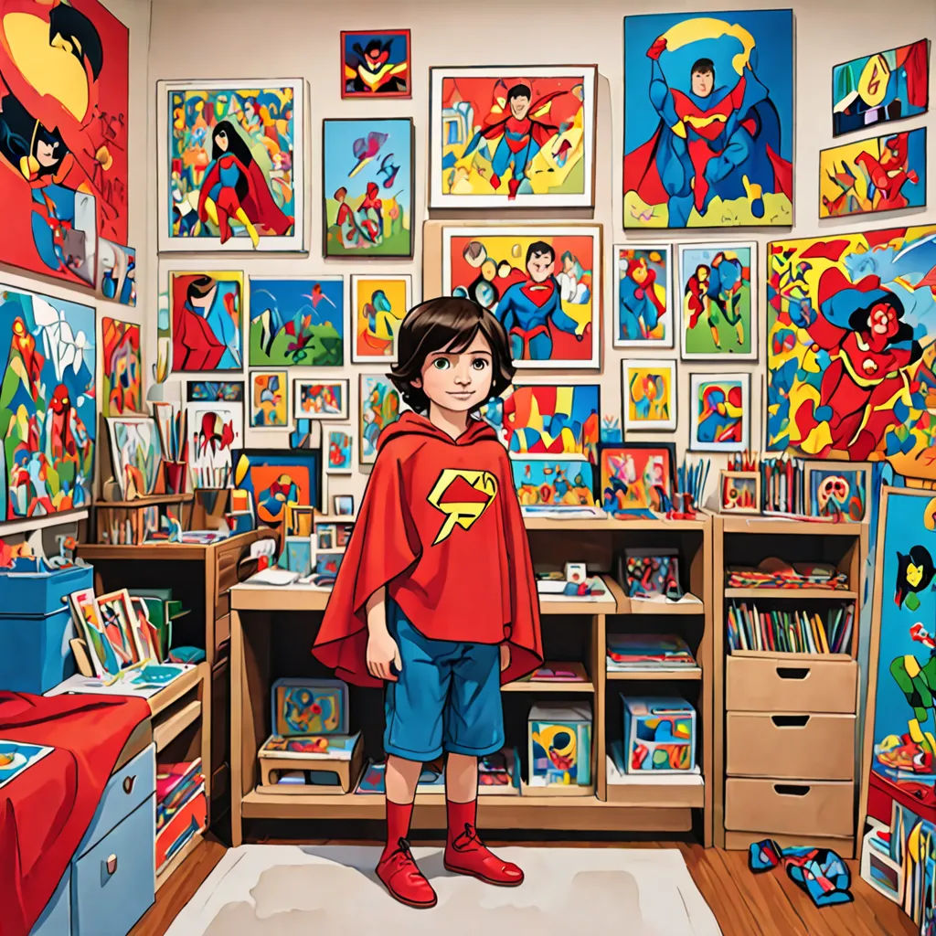 a boy in a red cape stands in a room full of comics and paintings on the walls and a bed, Aaron Jasinski, superflat, a character portrait, josan gonzales and dan mumford