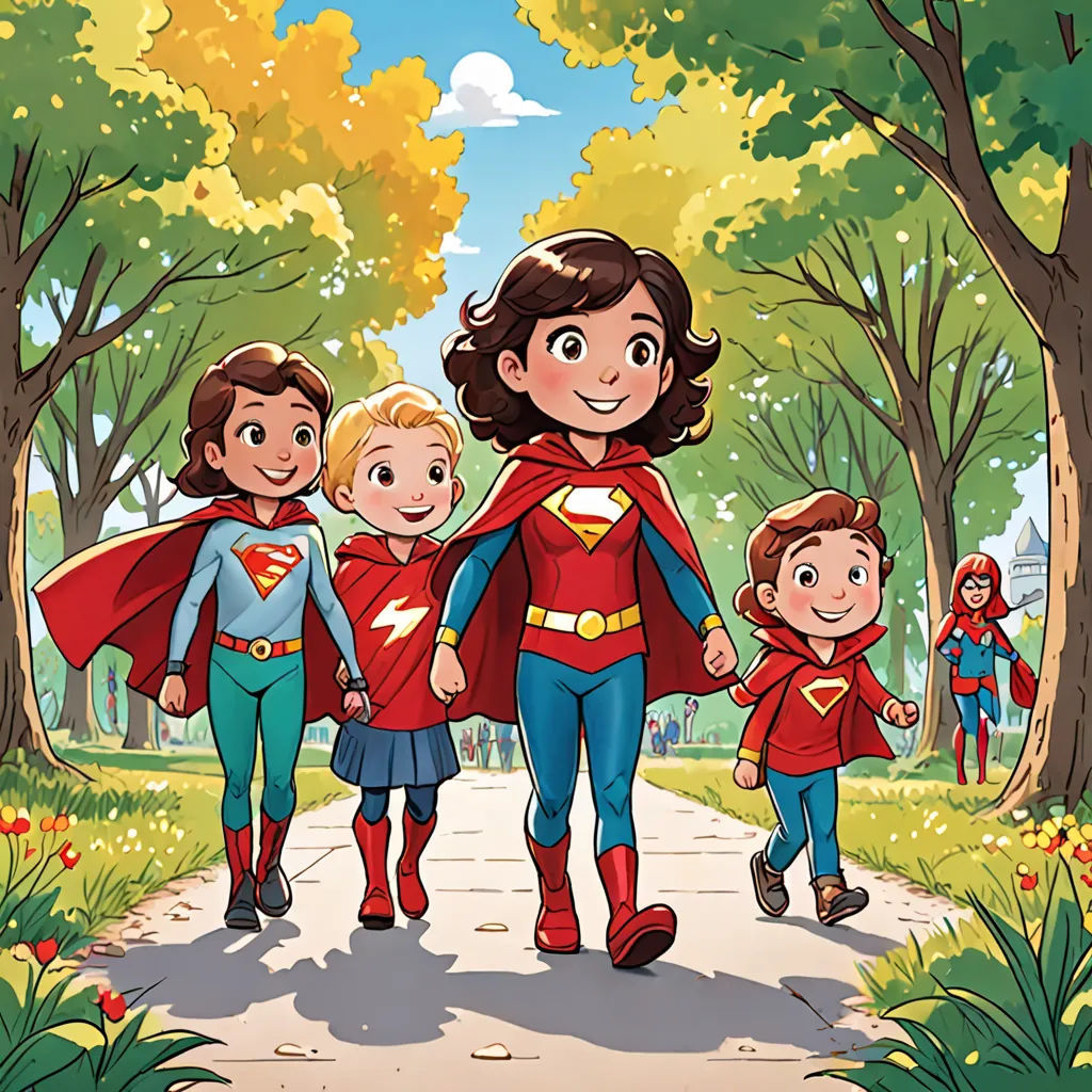 a family of three walking down a path in the park with a superman cape on their shoulders and a girl in the middle, Diego Gisbert Llorens, superflat, a comic book panel, official art