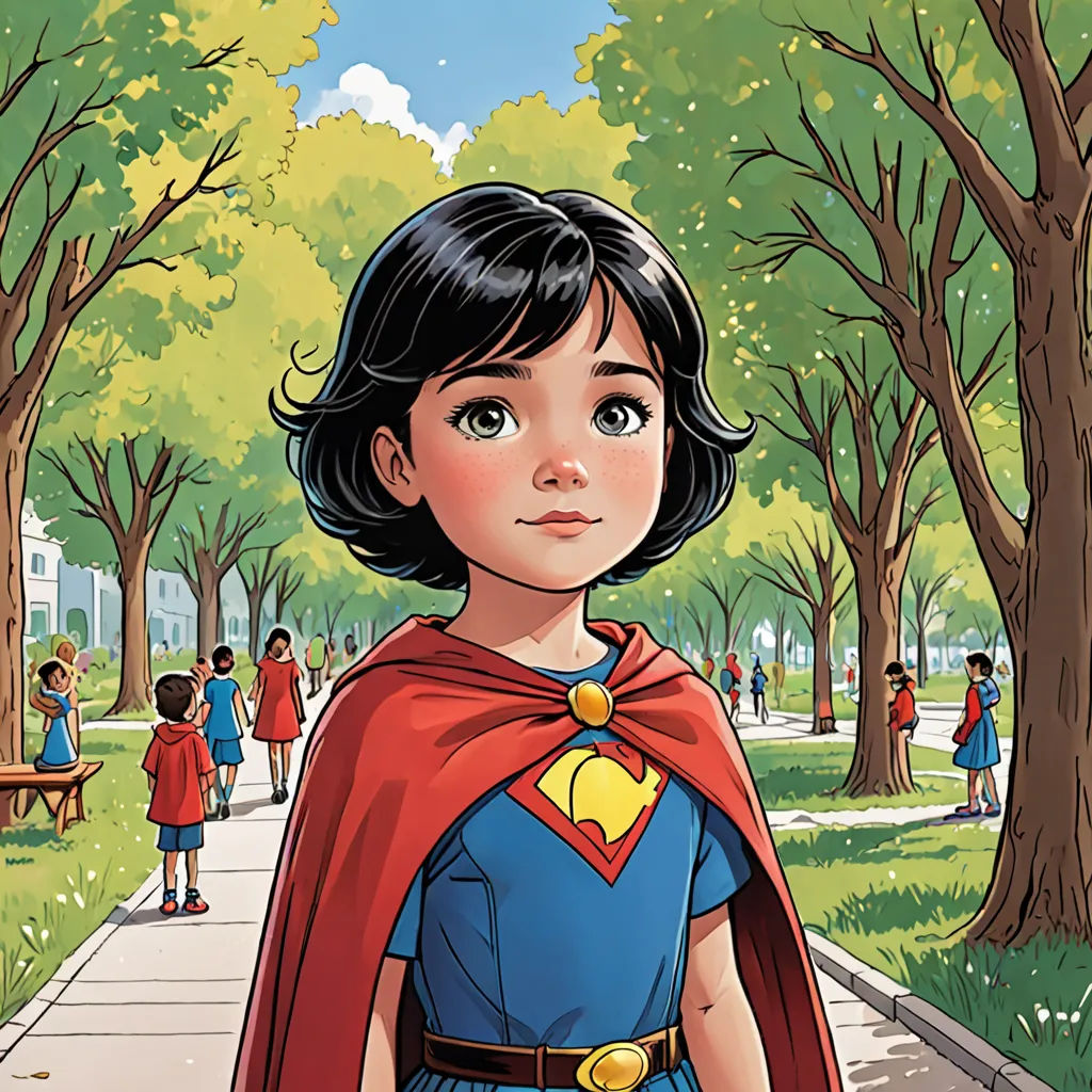 a cartoon of a girl dressed as a super hero in a park with trees and people walking around her, Barron Storey, process art, a comic book panel, comic cover art