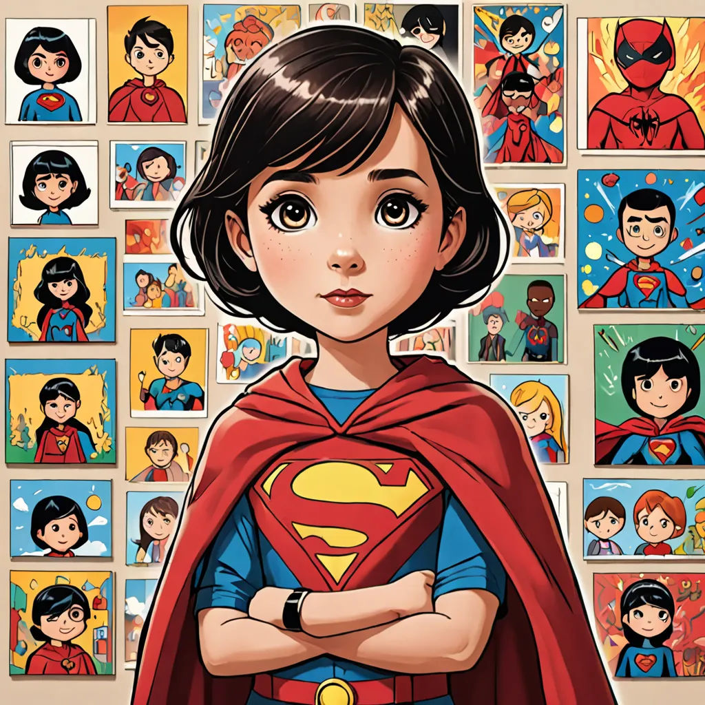 a cartoon of a girl with a superman cape on and a bunch of pictures of people behind her on the wall, Artgerm, superflat, a comic book panel, comic cover art
