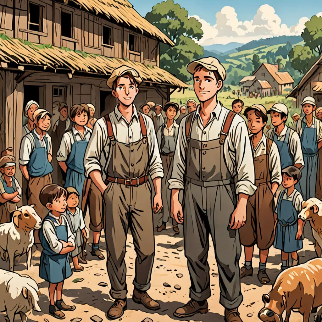 a group of people standing around a village with animals and a man in a hat standing in front of a crowd of people, socialist realism, a storybook illustration, Brothers Hildebrandt, graphic novel