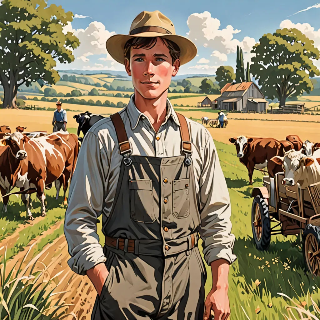 a man standing in a field with a bunch of cows behind him and a wagon in the background with a man in a hat, american scene painting, a character portrait, Aaron Jasinski, official art