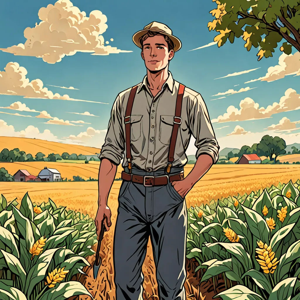 a man standing in a field of crops with a cane in his hand and a hat on his head, american realism, a comic book panel, Asaf Hanuka, comic cover art