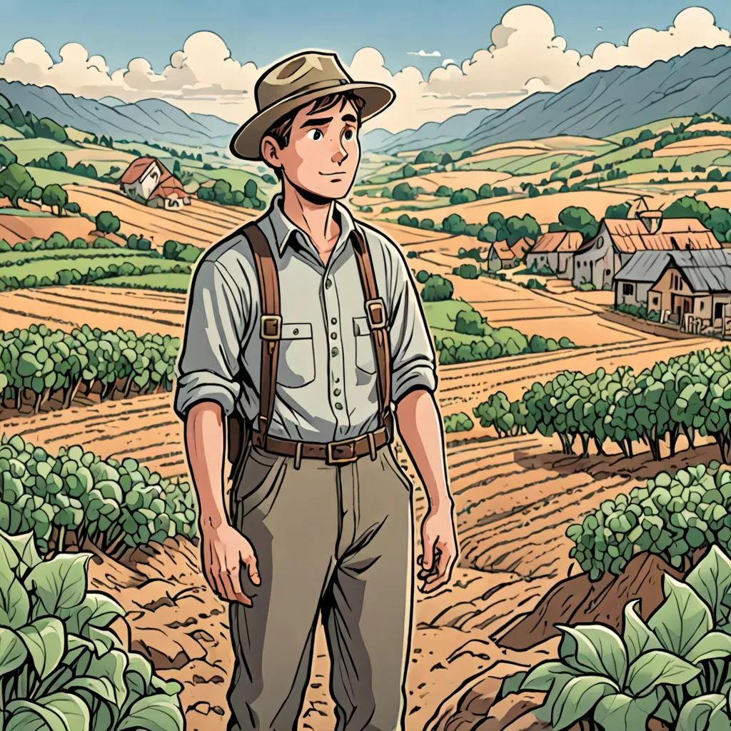 a man standing in a field with a hat on his head and a farm in the background with a house and trees, american realism, a comic book panel, Asaf Hanuka, graphic novel
