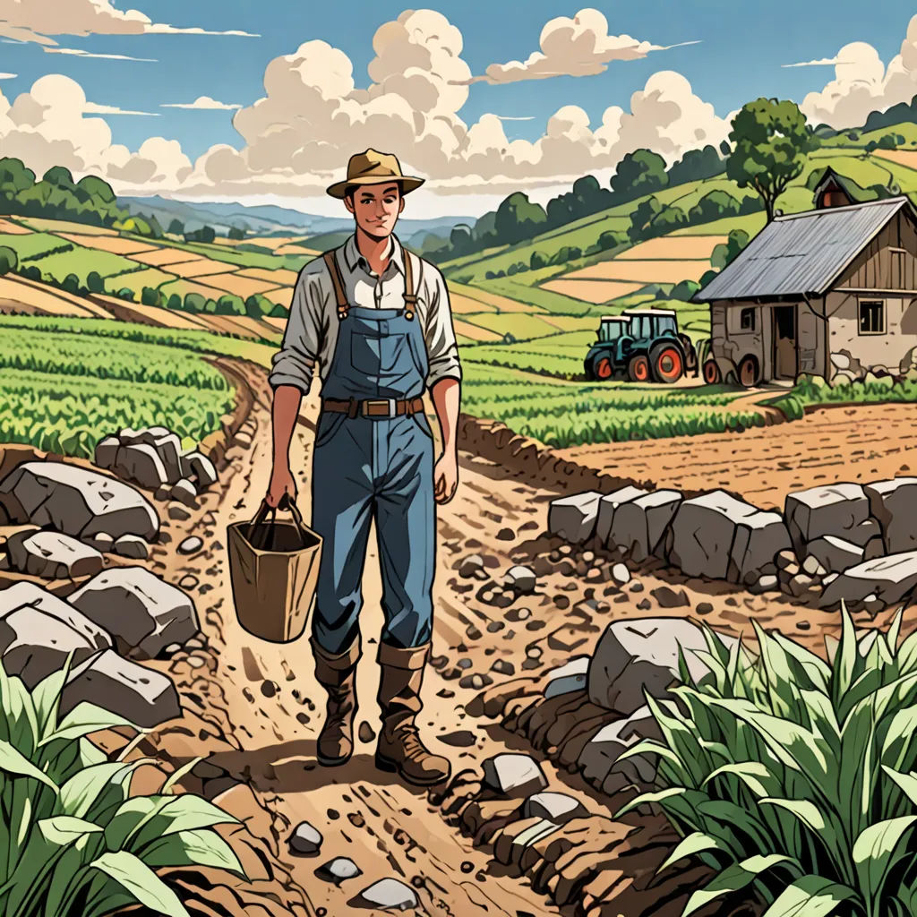 a man walking down a dirt road holding a bucket of dirt and a shovel in his hand while a tractor is in the background, regionalism, a storybook illustration, Asaf Hanuka, comic cover art