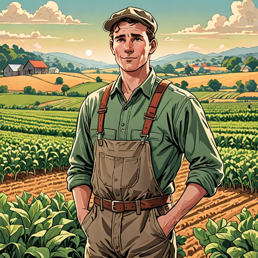 a man standing in a field with a farm in the background and a farm house in the distance, with a sky background, american realism, a character portrait, Everett Warner, tom of finland