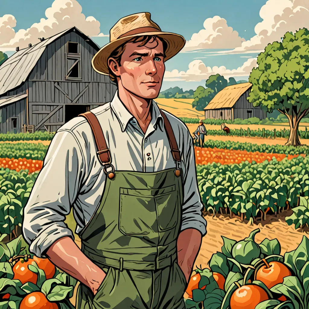 a man standing in a field of oranges with a barn in the background and a sky with clouds, american realism, a character portrait, Aaron Jasinski, promotional image