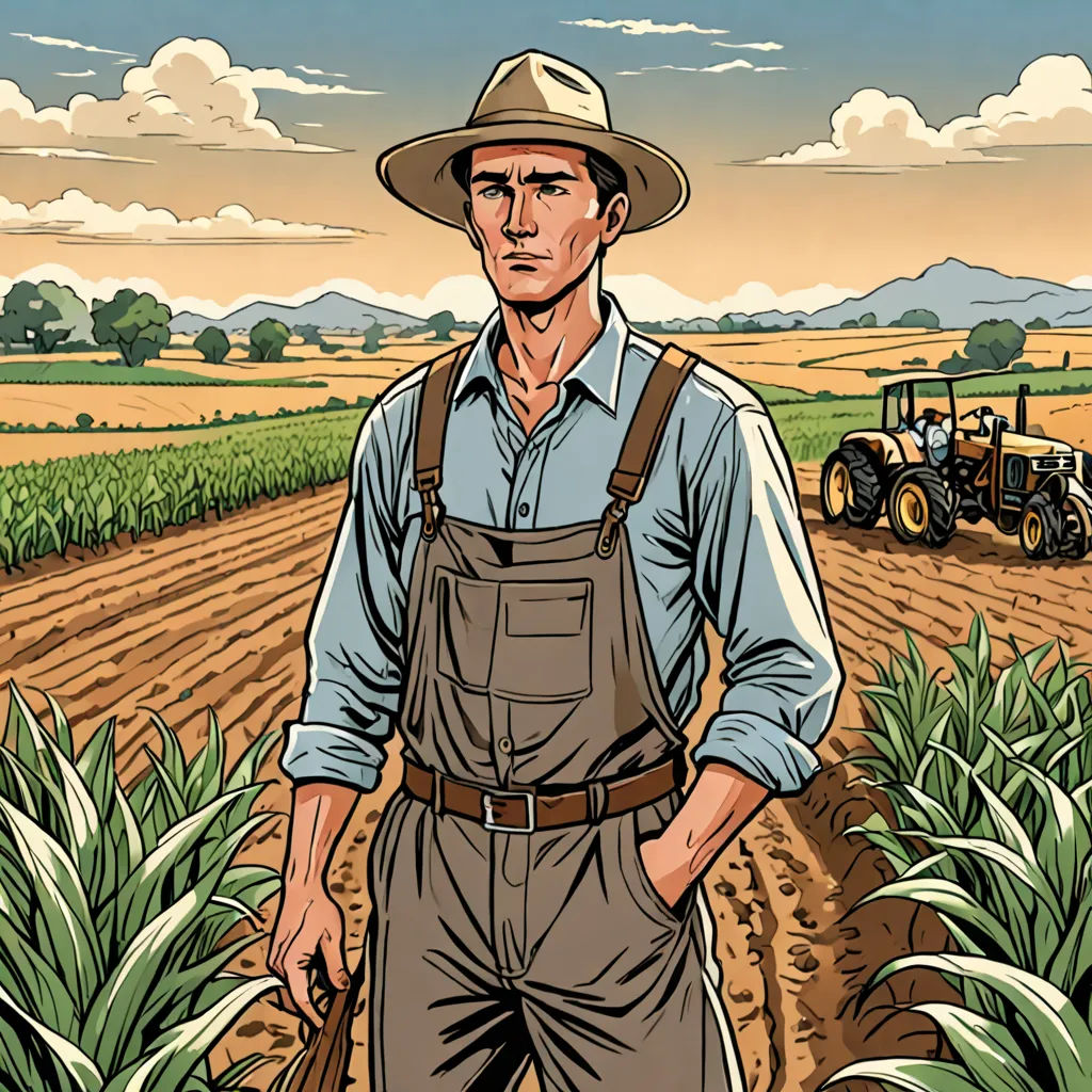 a man standing in a field with a tractor behind him and a farm scene in the background with clouds, american realism, a character portrait, Allan Brooks, graphic novel