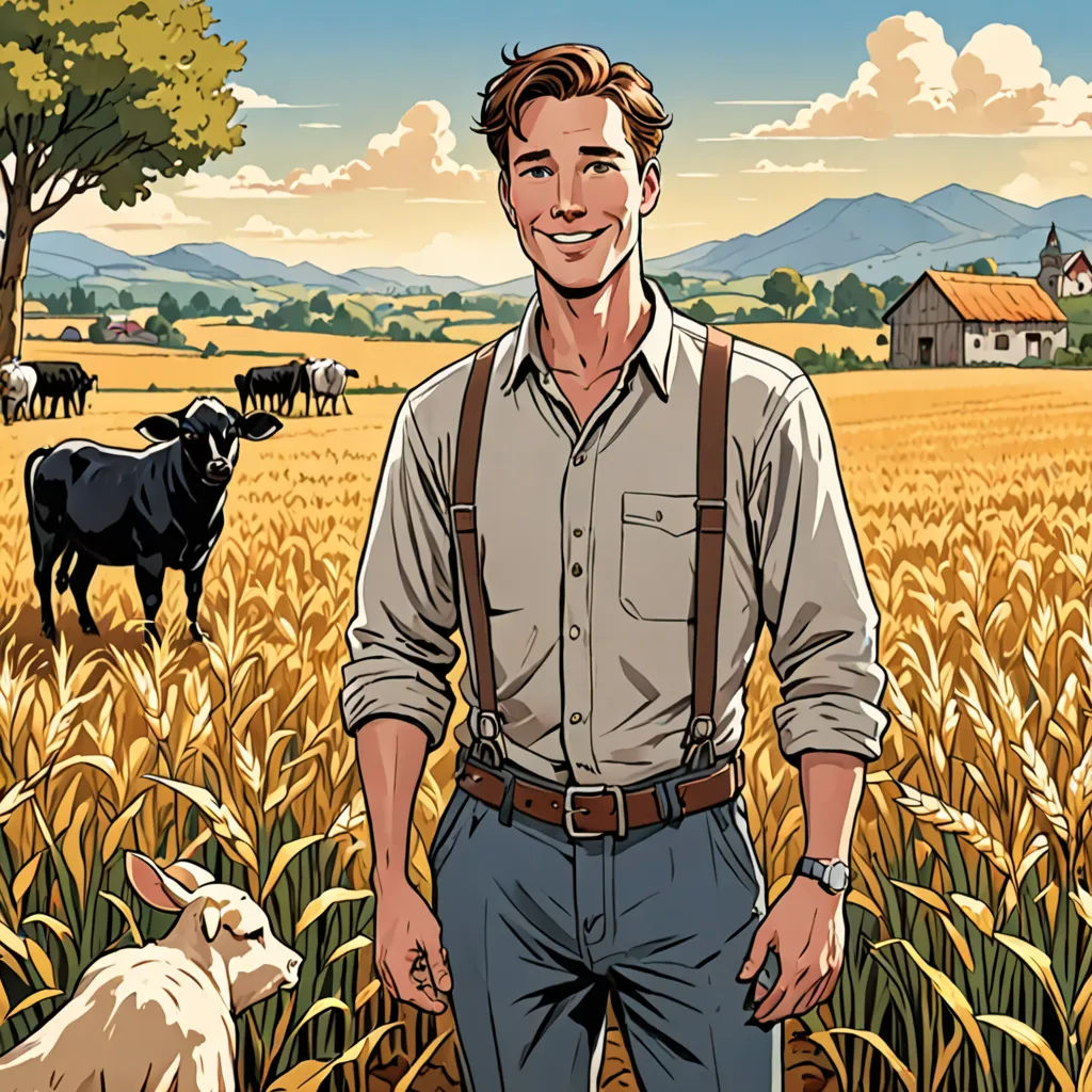 a man standing in a field with a goat and a barn in the background with a sky background and clouds, socialist realism, a character portrait, Edward Otho Cresap Ord, II, tom of finland