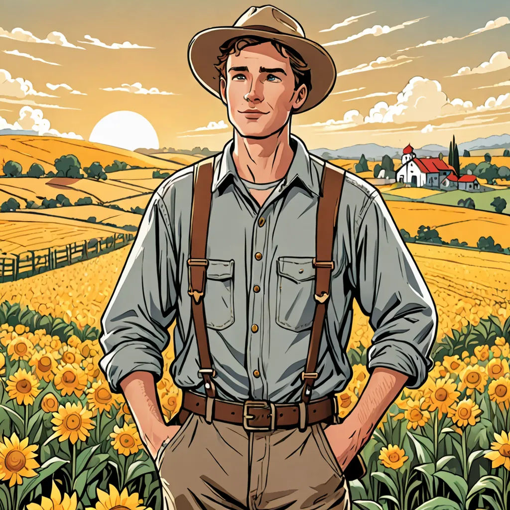 a man standing in a field of sunflowers with a hat on his head and a farm in the background, american romanticism, a character portrait, Evan Charlton, promotional image