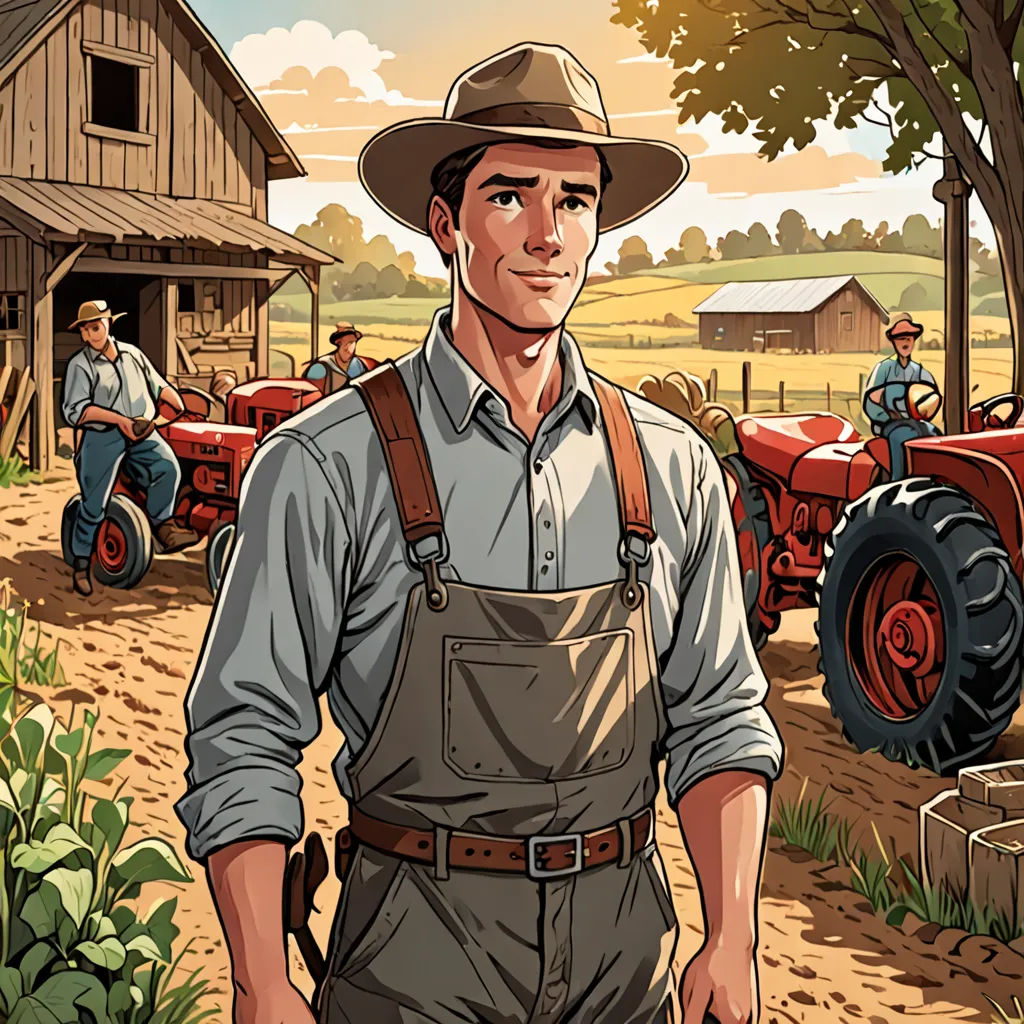 a man standing in front of a farm with a tractor and a man in a hat behind him with a cane, american realism, a comic book panel, Everett Warner, tom of finland