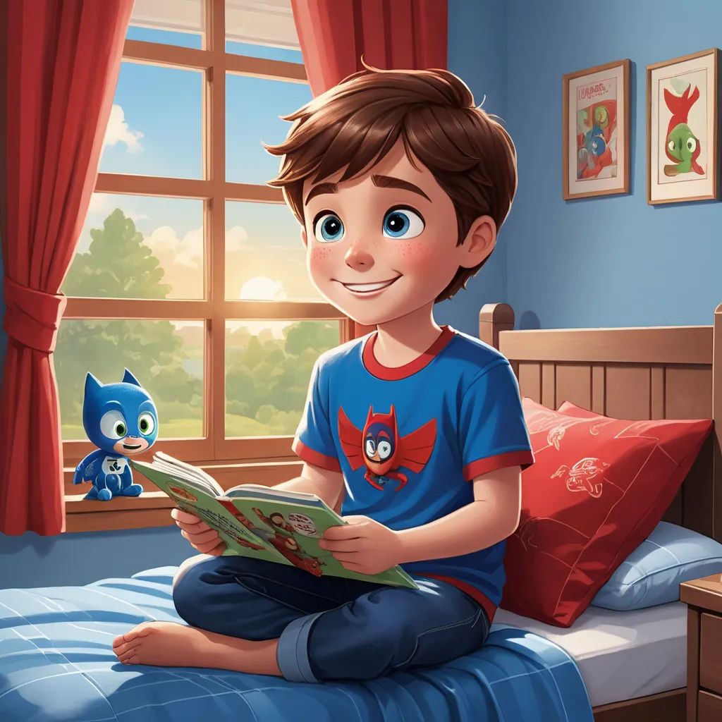 a boy sitting on a bed reading a book with a cat on the bed behind him and a window with red curtains, sots art, a storybook illustration, Adam Rex, official art
