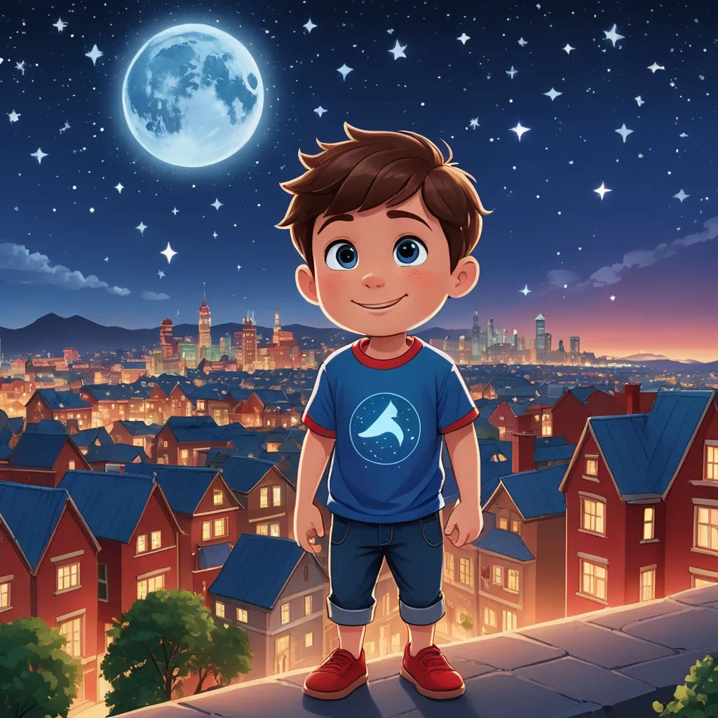 a boy standing on a ledge in front of a city at night with a full moon in the sky, space art, a storybook illustration, Diego Gisbert Llorens, key art