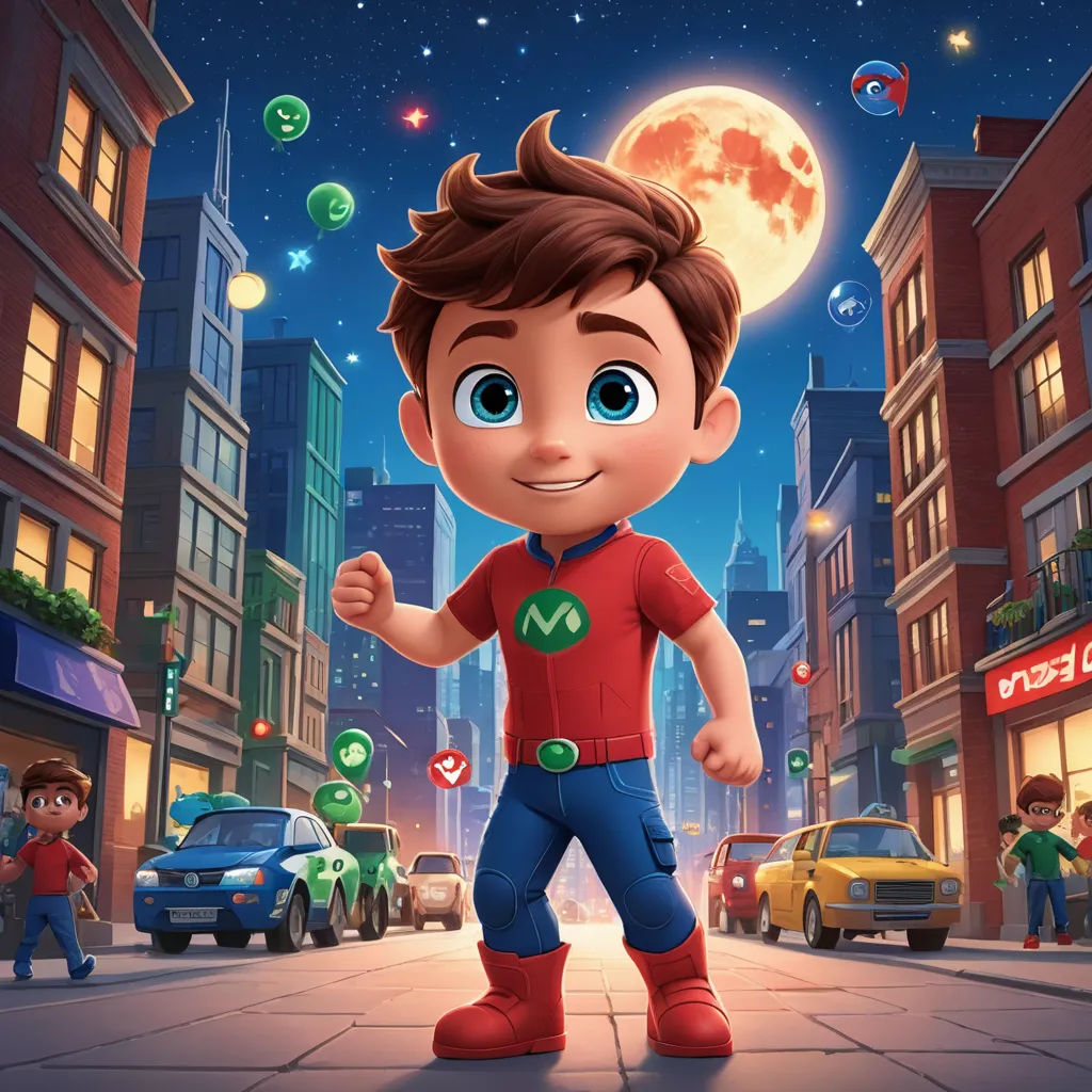 a boy in a red shirt is standing on a street with a city background and bubbles floating in the air, sots art, concept art, Camilo Mori, promotional image