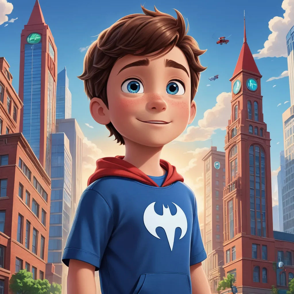 a boy in a blue shirt standing in front of a cityscape with a clock tower in the background, photorealism, poster art, Alejandro Burdisio, key art