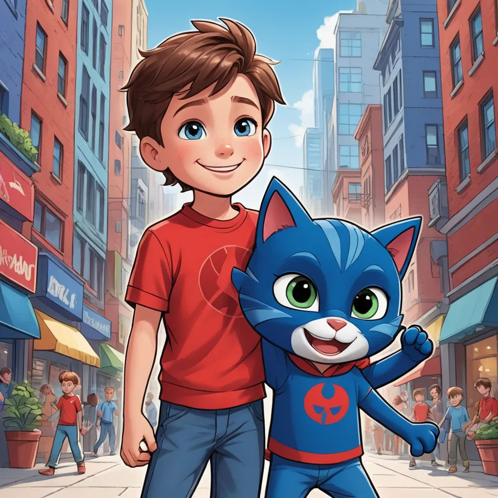 a boy and a cat are standing in the street together, with a city in the background and a cartoon character in the foreground, furry art, a comic book panel, Diego Gisbert Llorens, comic cover art