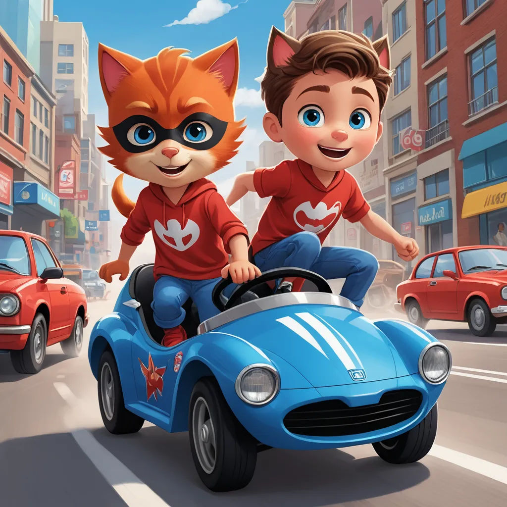 a couple of kids riding on the back of a blue car in a cartoon style with a cat on top, furry art, poster art, Felix-Kelly, key art