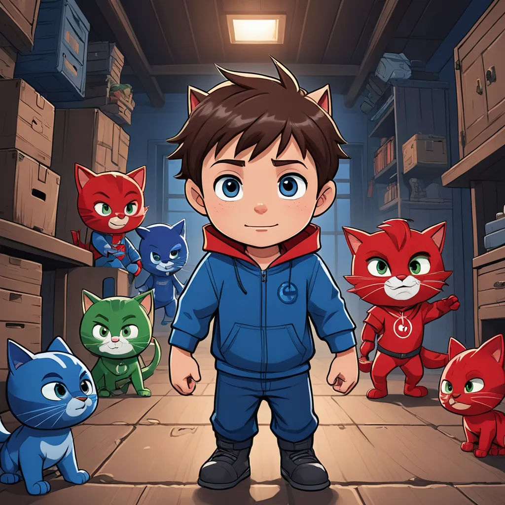 a boy standing in a room with many cats around him and a cat on the floor behind him,, sots art, a character portrait, Diego Gisbert Llorens, key art