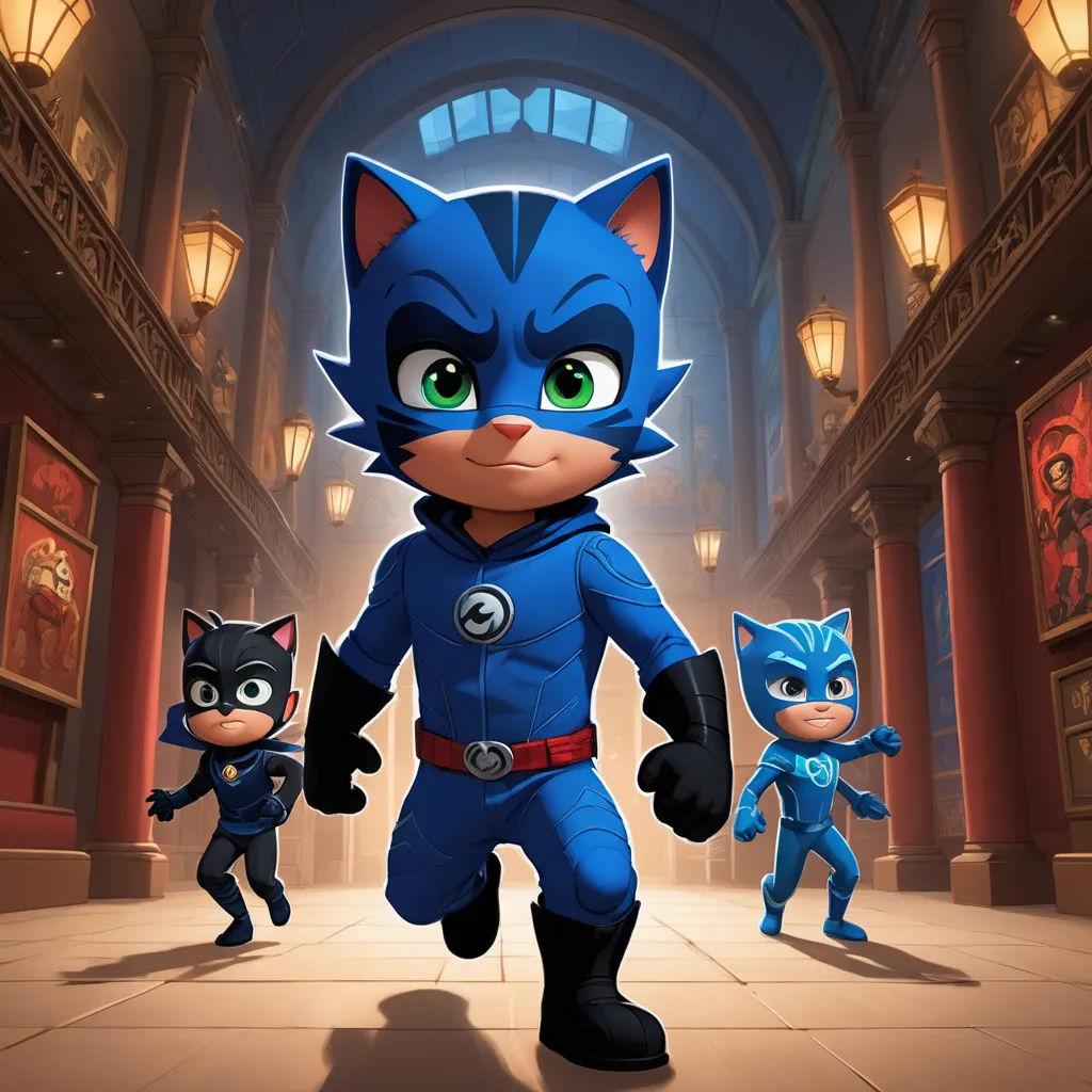 a cartoon character with a cat suit and two other characters in a hallway with lanterns and lanterns on the ceiling, sots art, concept art, Carlos Catasse, key art