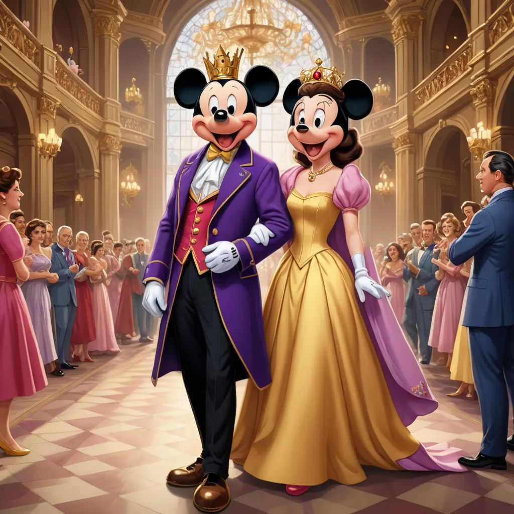 a couple dressed up as mickey and minnie mouse in a ballroom with a crowd of people in the background, magical realism, a digital rendering, disney, official art
