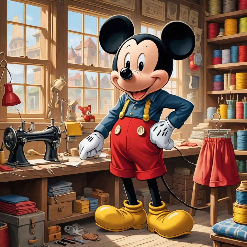 a cartoon mickey mouse is standing in a sewing room with a sewing machine and a sewing machine behind him, arts and crafts movement, a cross stitch, Drew Struzan, official art