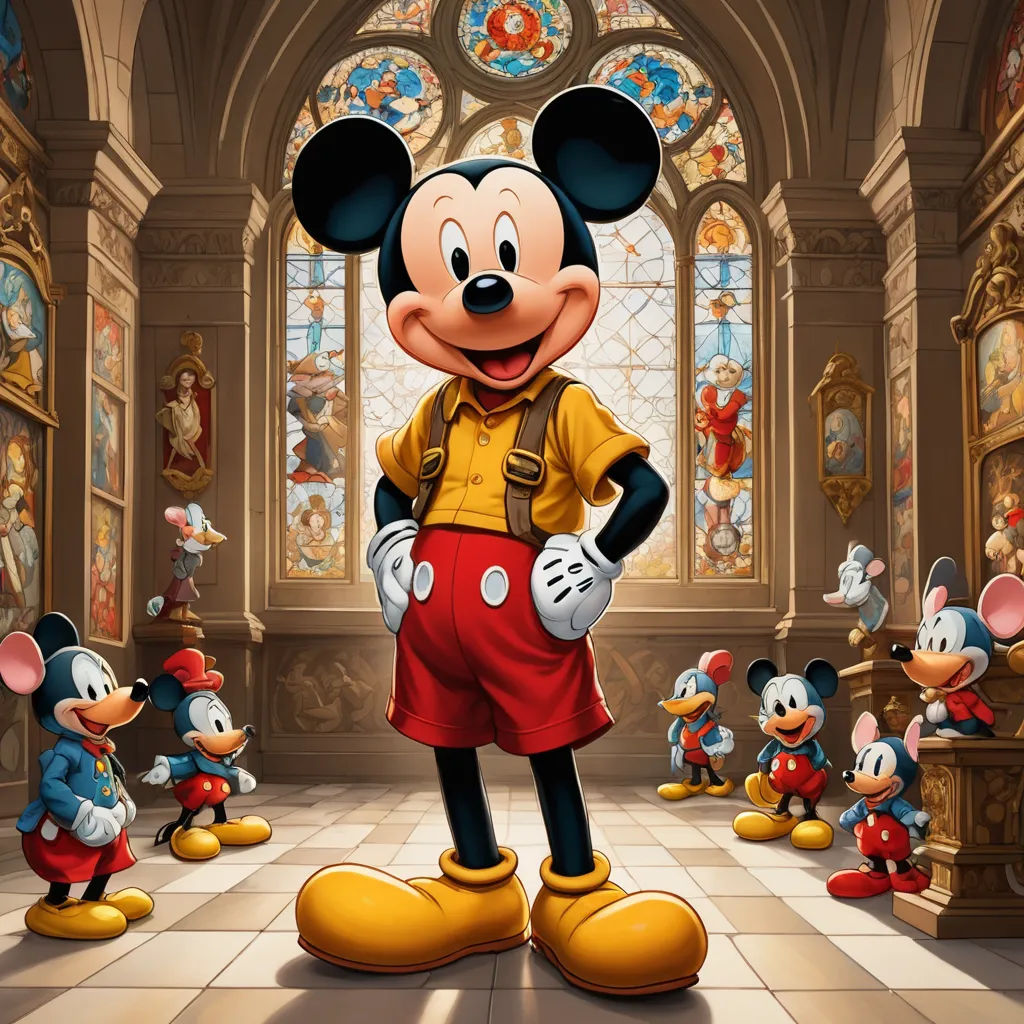 a mickey mouse standing in front of a group of mickey mouses in a church with stained glass windows, gothic art, a flemish Baroque, Drew Struzan, official art