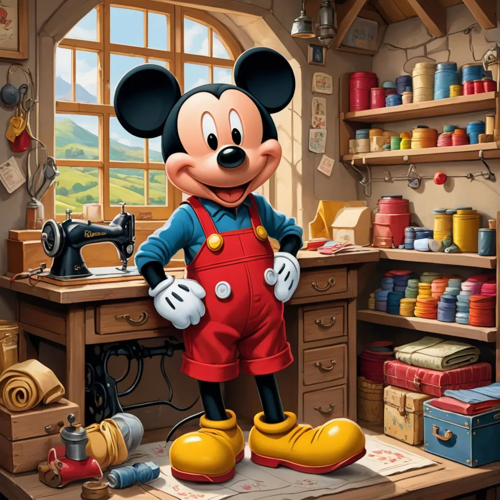 a cartoon mickey mouse standing in a sewing room with a sewing machine and a sewing machine behind him and a sewing machine behind him, arts and crafts movement, an ultrafine detailed painting, Carl Barks, highly detailed digital painting