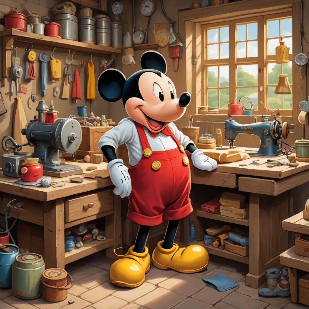 a mickey mouse in a workshop with a sewing machine and a sewing machine on the table and a sewing machine on the wall, arts and crafts movement, a storybook illustration, Drew Struzan, official art