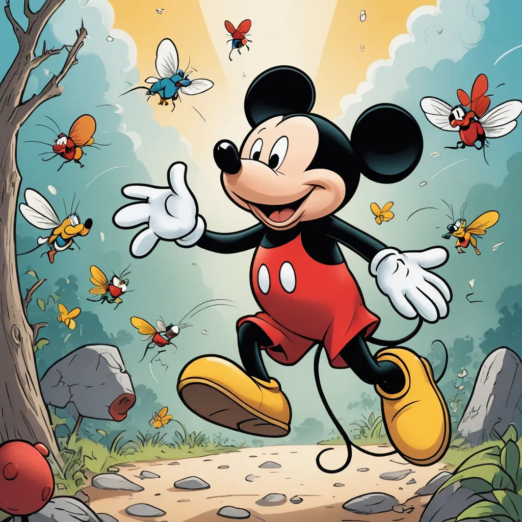 a cartoon mickey mouse running through a forest with butterflies flying around him and a tree in the background with a sun shining through the clouds, furry art, a comic book panel, Carl Barks, official art