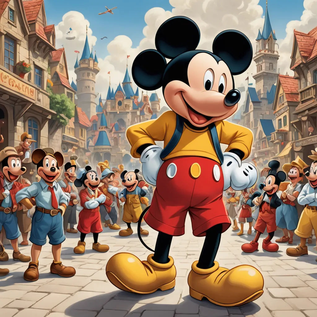 a mickey mouse standing in front of a crowd of people in a disney world setting with a castle in the background, magic realism, a detailed matte painting, disney, pixar and disney animation