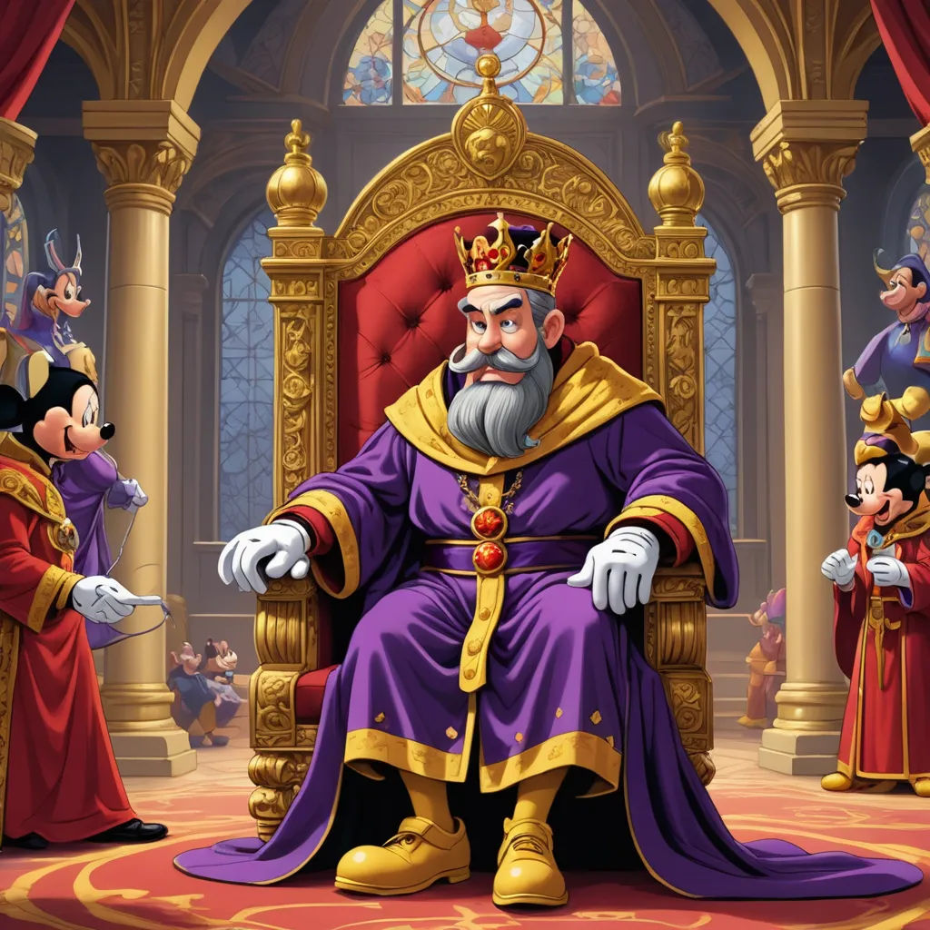 a cartoon of a king sitting in a throne surrounded by other characters in a disney world setting with a stained glass window, institutional critique, a storybook illustration, Altoon Sultan, pixar and disney animation