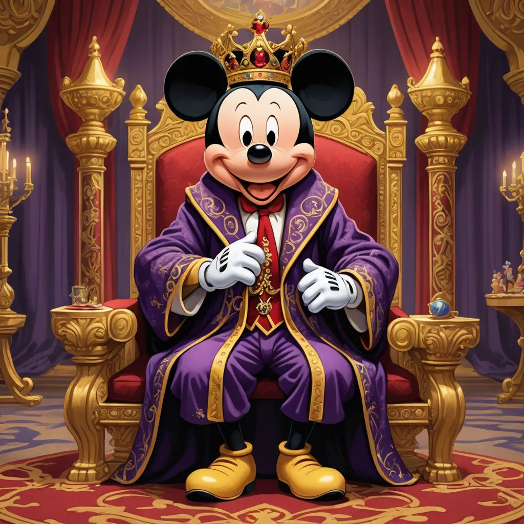 a cartoon mouse sitting in a chair with a crown on his head and a red robe on his shoulders, sots art, concept art, Drew Struzan, official art