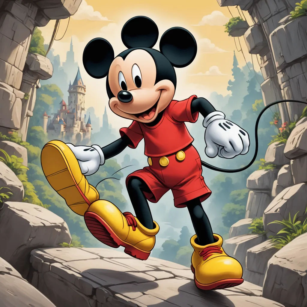 a cartoon mickey mouse is running on a rock cliff with a castle in the background and a yellow shoe, sots art, a character portrait, Drew Struzan, official art