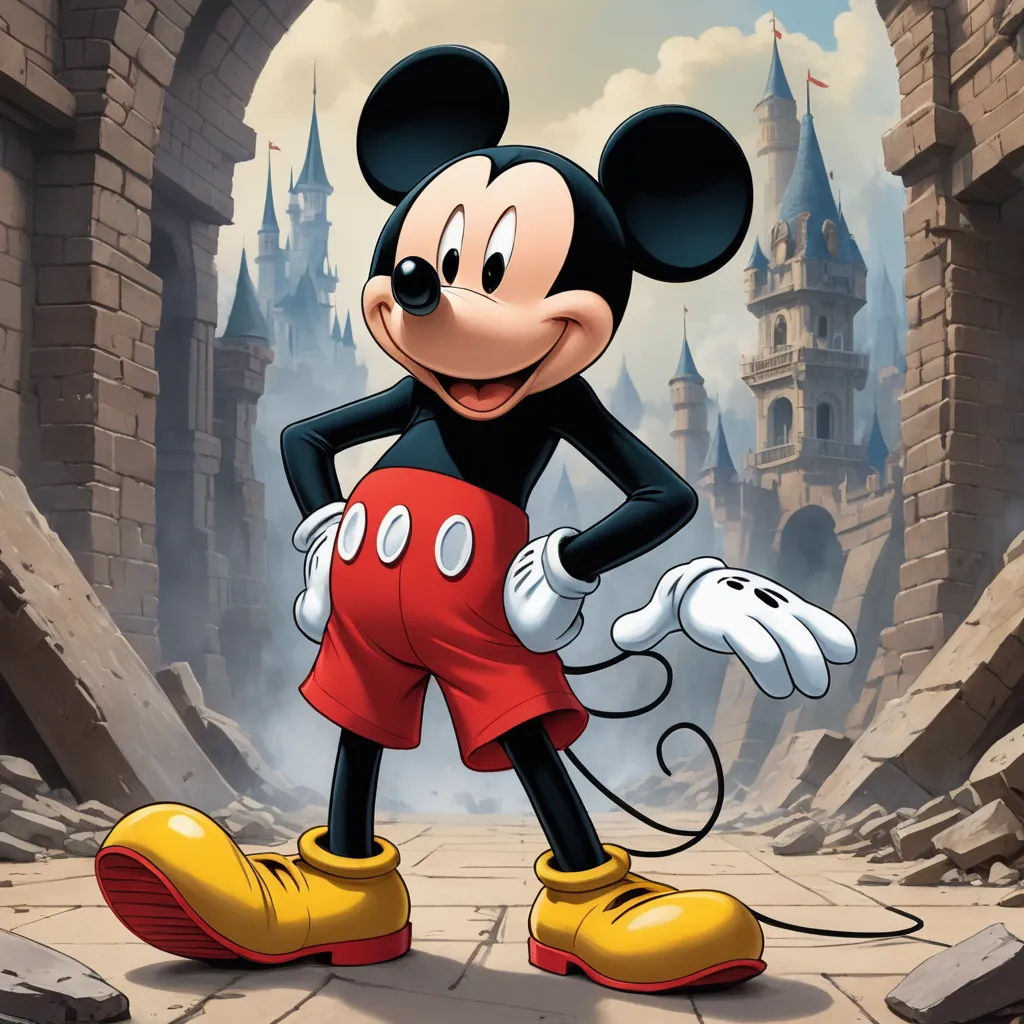 a cartoon mickey mouse standing in front of a castle with a castle in the background and a castle in the background, altermodern, a character portrait, disney, pixar and disney animation