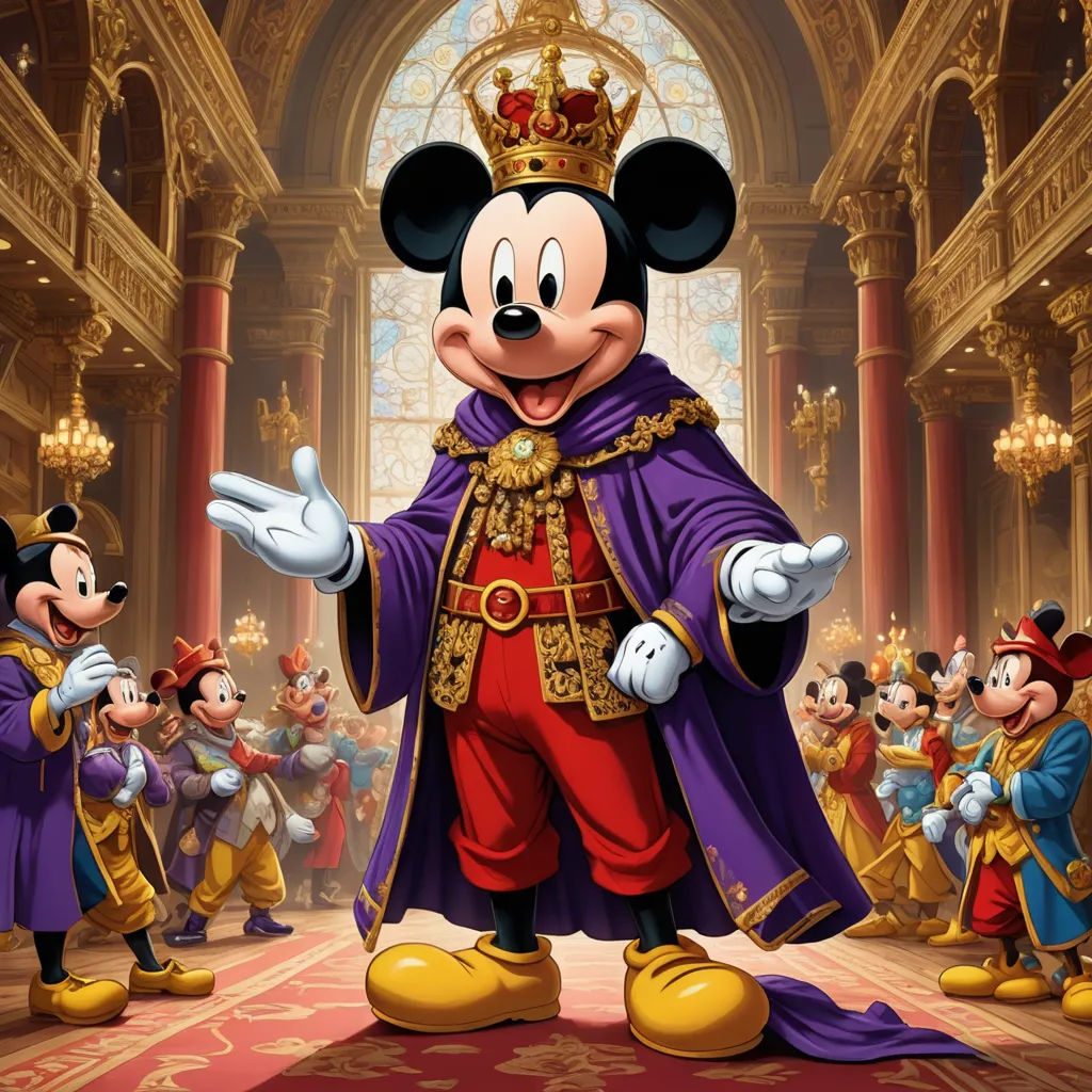 a cartoon character dressed in a regal outfit with a group of people in the background in a disney world setting, pop surrealism, concept art, Drew Struzan, official art