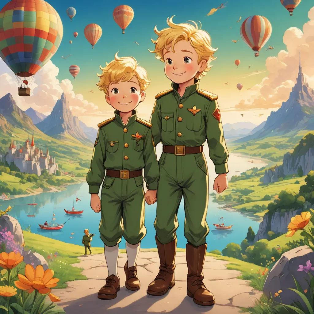 a couple of people standing next to each other on a field with hot air balloons in the sky above, sots art, a storybook illustration, Brothers Hildebrandt, official art