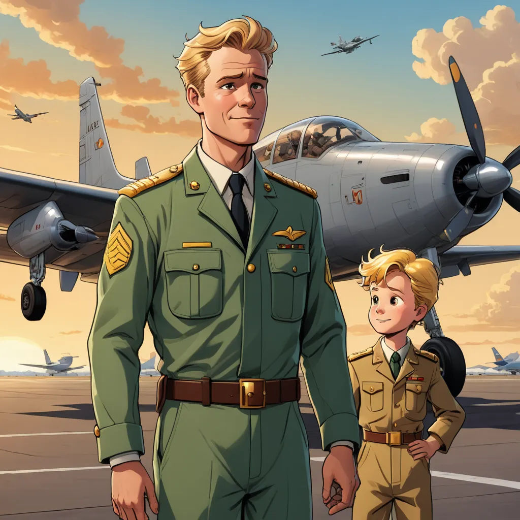 a man in a military uniform standing next to a boy in a uniform and a plane in the background, sots art, a comic book panel, Brothers Hildebrandt, official art