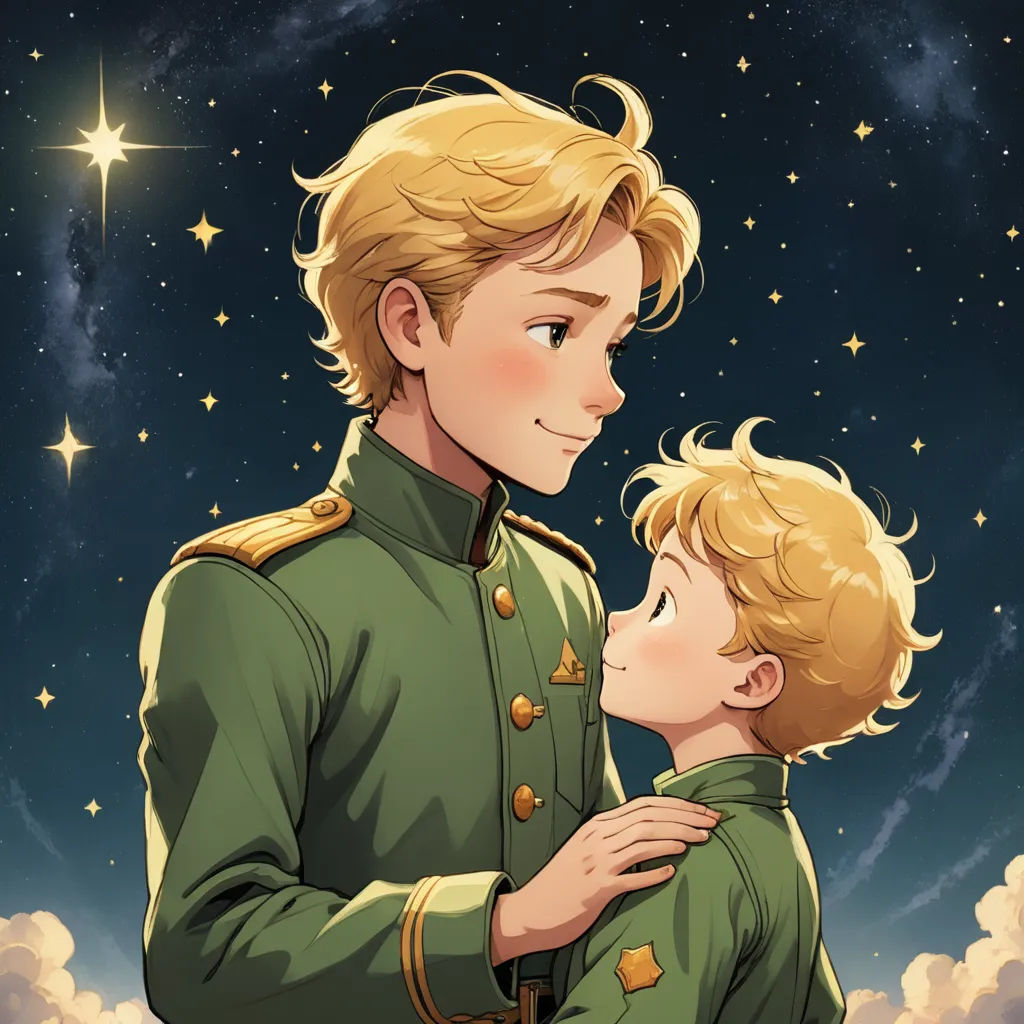 a boy in a military uniform is holding a boy in his arms and the sky is full of stars, space art, a storybook illustration, Brothers Hildebrandt, official art