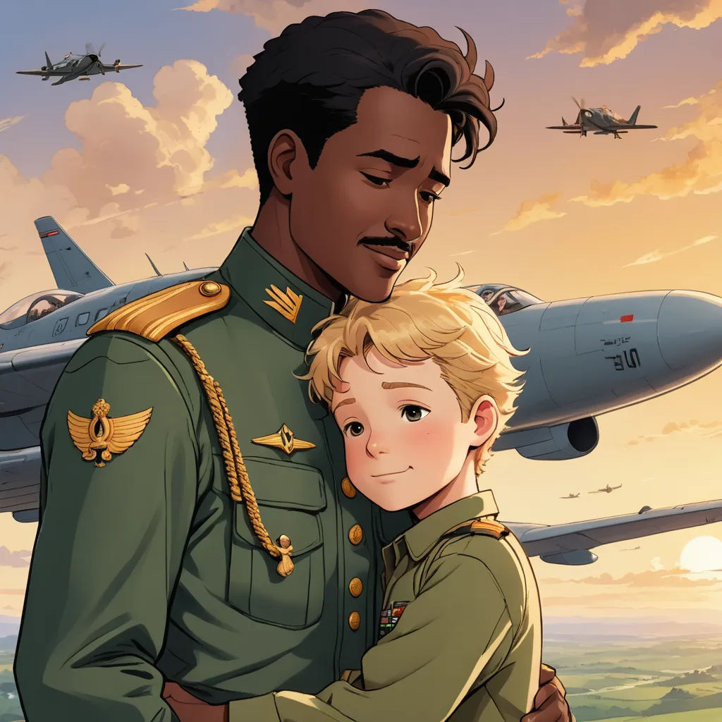 a man in uniform hugging a boy in front of a plane and a sunset sky with planes in the background, sots art, a comic book panel, Bálint Kiss, official art