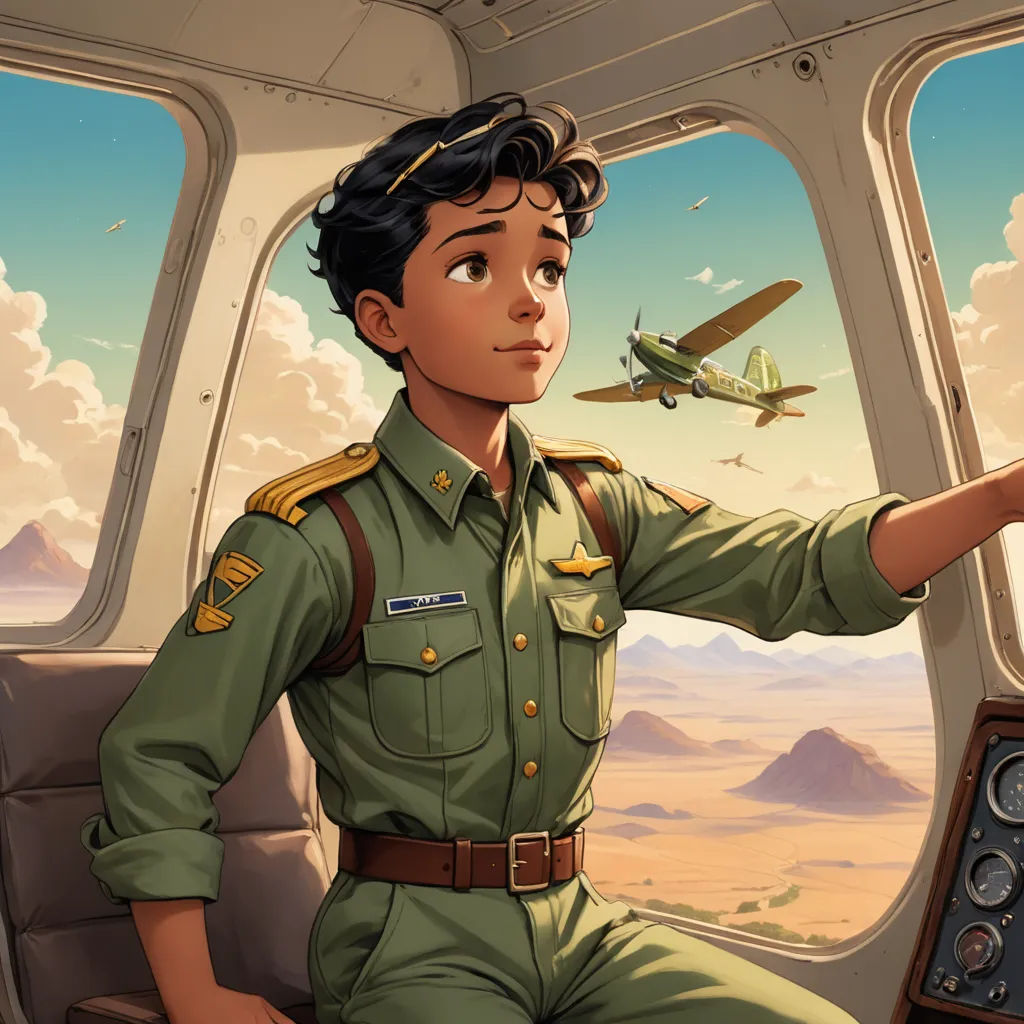 a boy in a uniform is sitting in a plane and pointing to a plane in the sky with a plane in the background, sots art, a comic book panel, Cliff Childs, official art