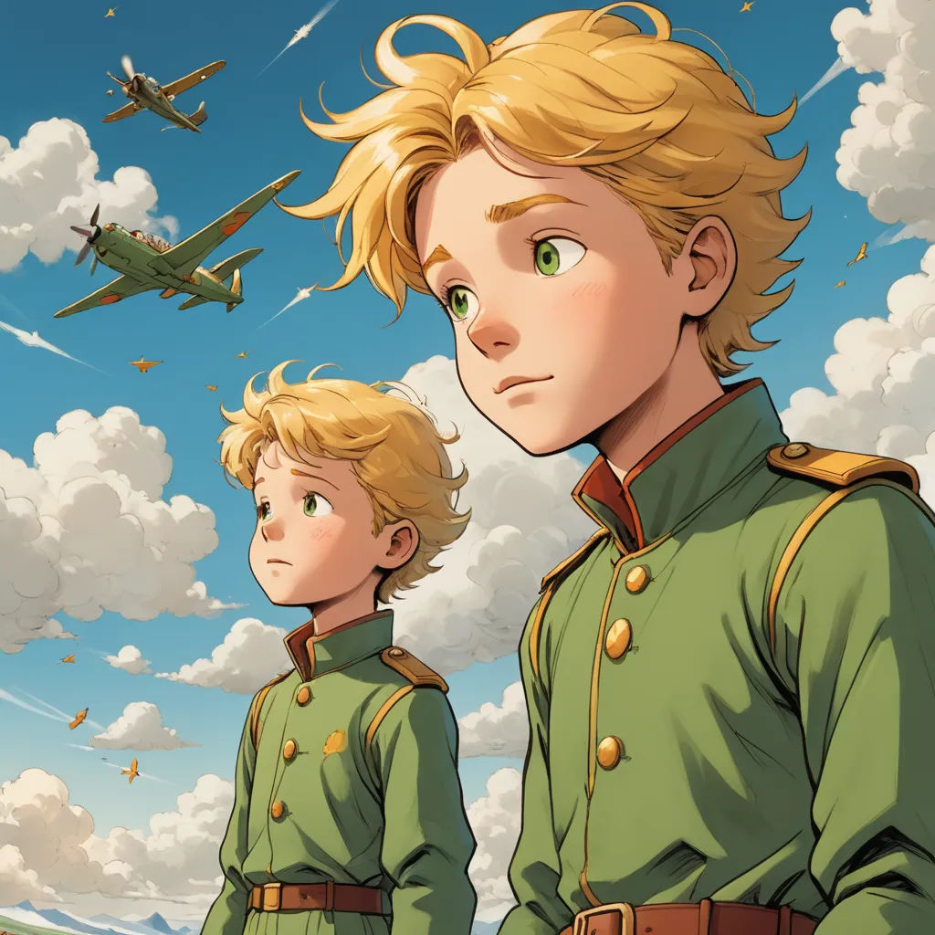 a boy and a boy in uniform looking at an airplane in the sky above them, with a plane flying overhead, sots art, a manga drawing, Brothers Hildebrandt, official art