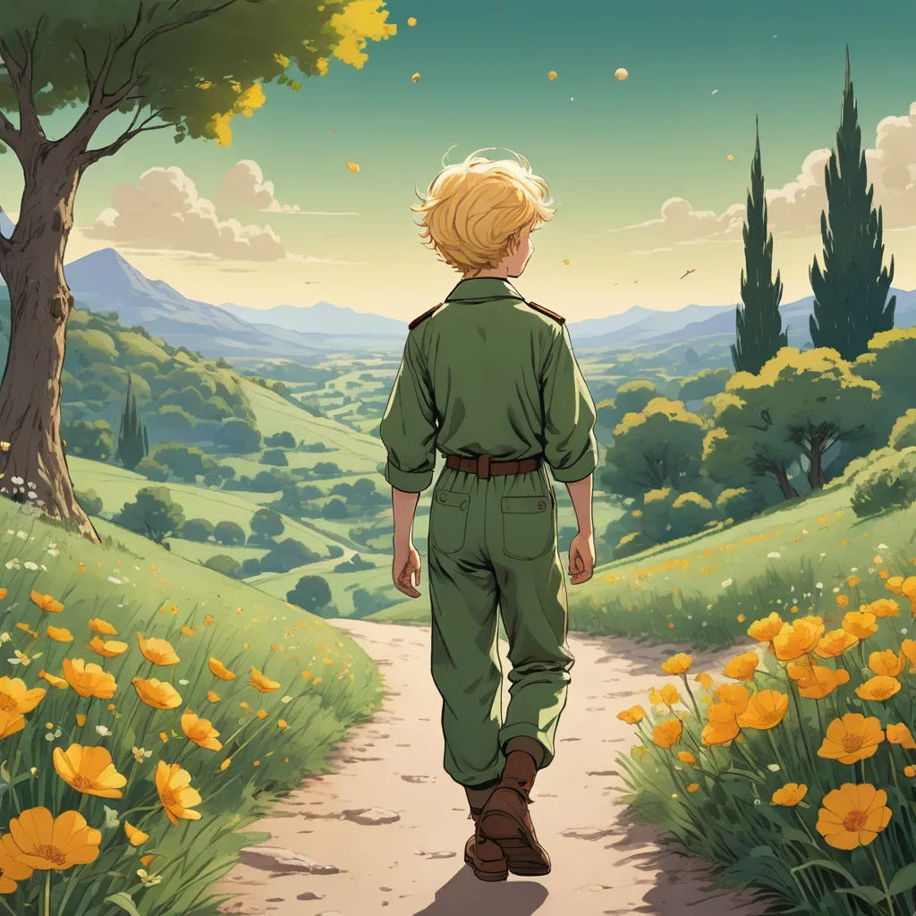 a boy walking down a path in a field of flowers with a tree in the background and a hill in the distance, fantasy art, a detailed matte painting, Cliff Childs, official art
