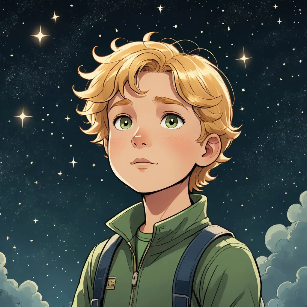 a boy with blonde hair and a green shirt is staring at the stars in the sky above him,, space art, a character portrait, Cliff Childs, official art