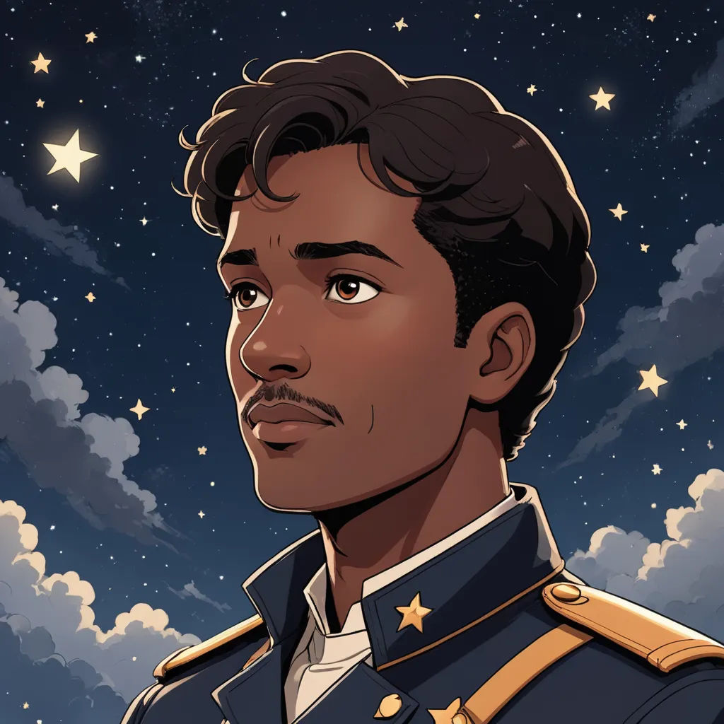 a man in uniform looking at the sky with stars in the background and a star in the sky above, harlem renaissance, a character portrait, Felix-Kelly, character portrait