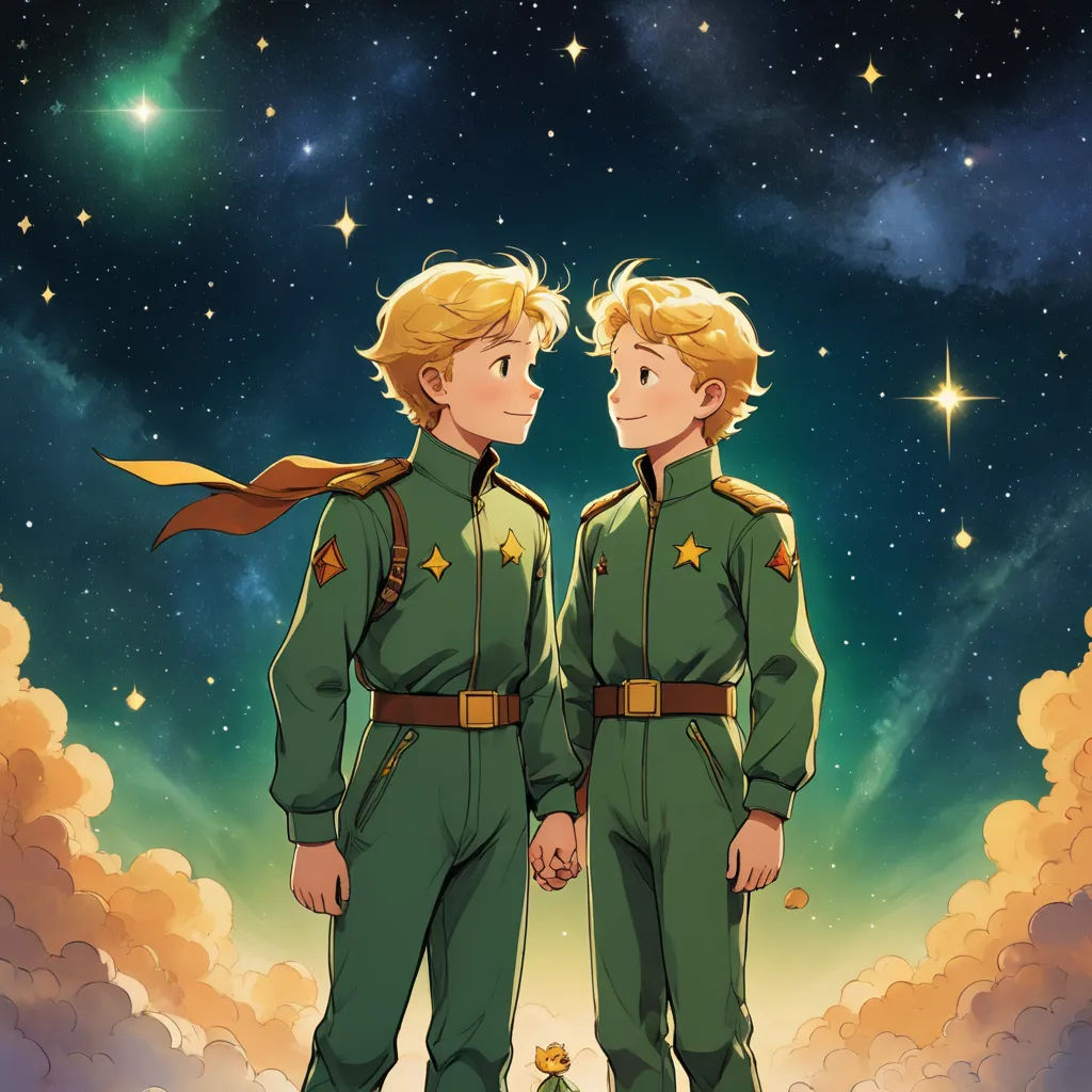 two young men in green uniforms standing in front of a sky full of stars and clouds with a star in the background, space art, poster art, Felix-Kelly, official art