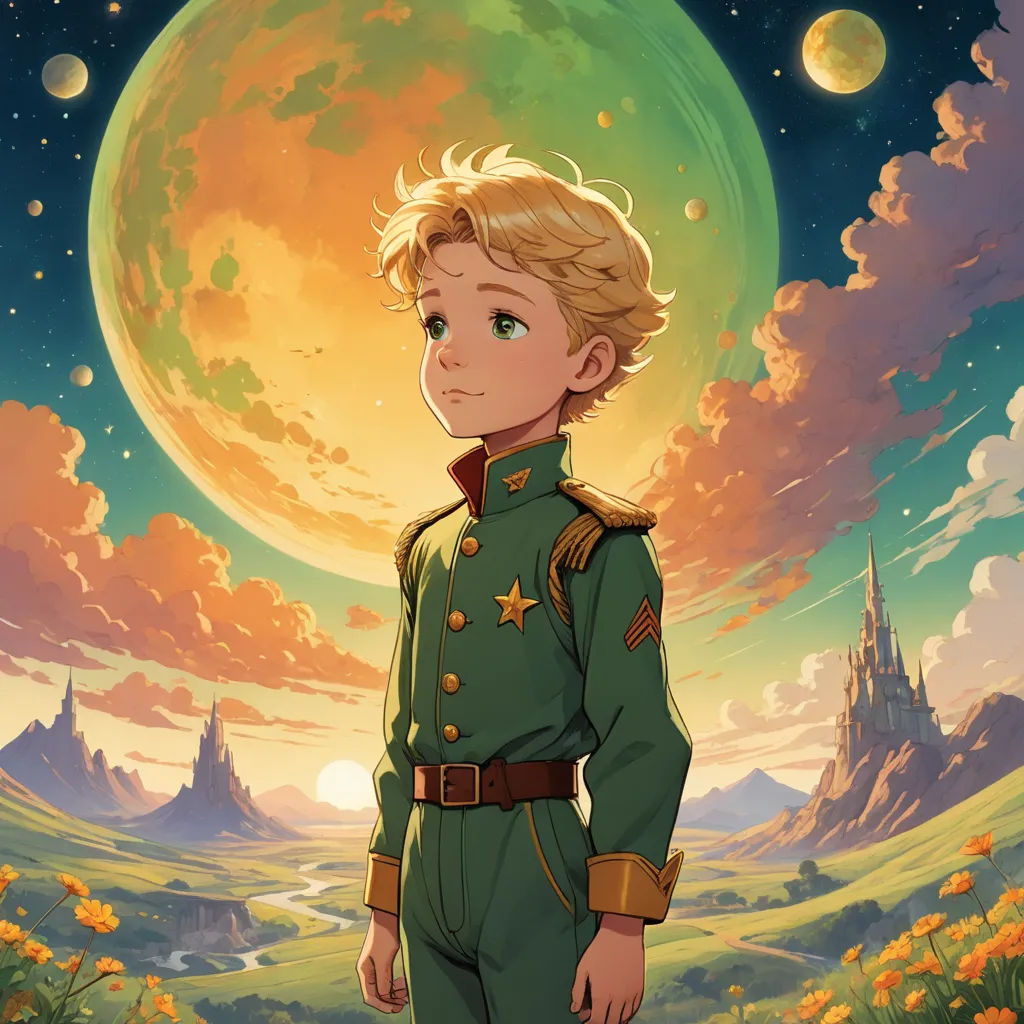 a boy in a green uniform standing in front of a green planet with a castle in the background and a yellow moon in the sky, space art, a character portrait, Cliff Childs, official art