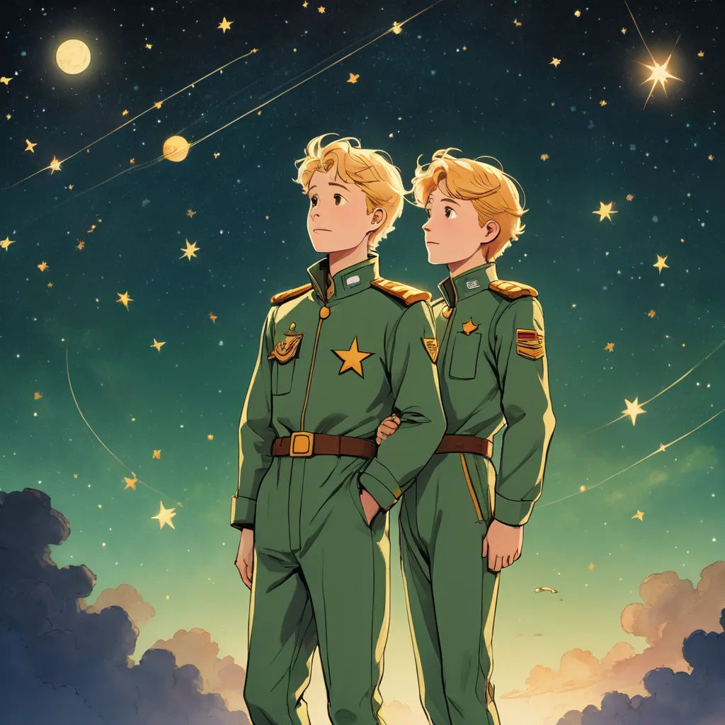 two people in military uniforms standing in front of a sky with stars and a moon in the background with a star in the sky, space art, poster art, Felix-Kelly, official art