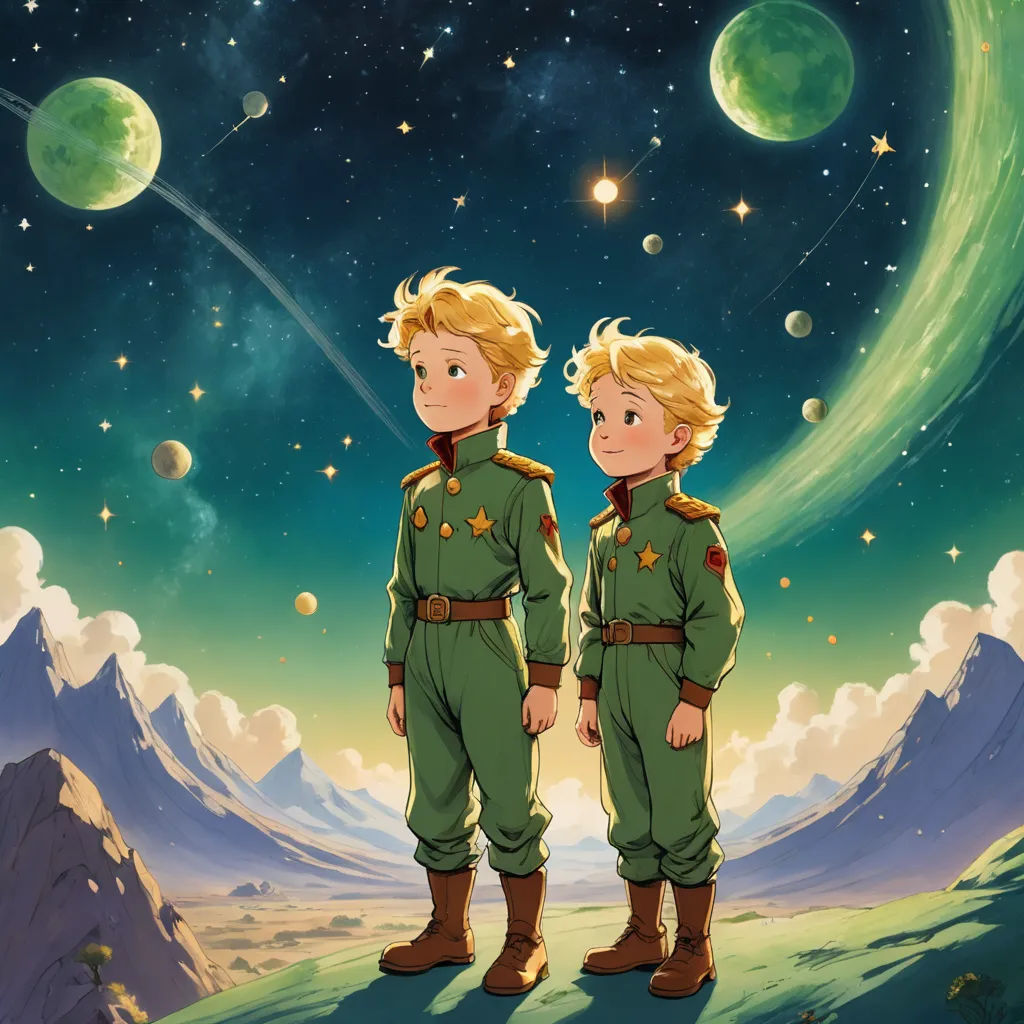 two young boys in green uniforms standing in front of a planet with stars and planets in the sky above them, space art, concept art, Felix-Kelly, official art