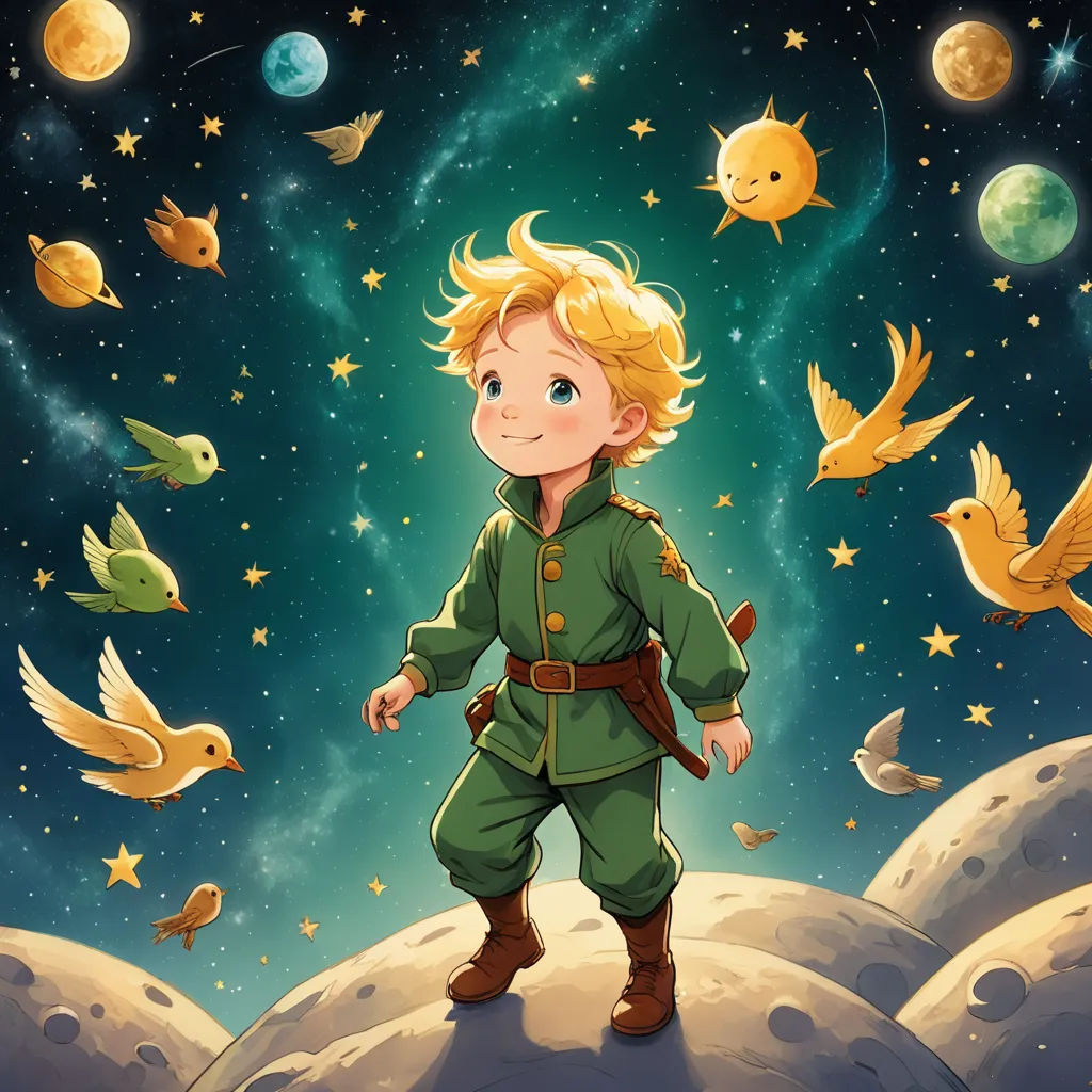 a boy in a green uniform standing on a hill with birds flying around him and a sky full of stars, space art, a storybook illustration, Cliff Childs, official art